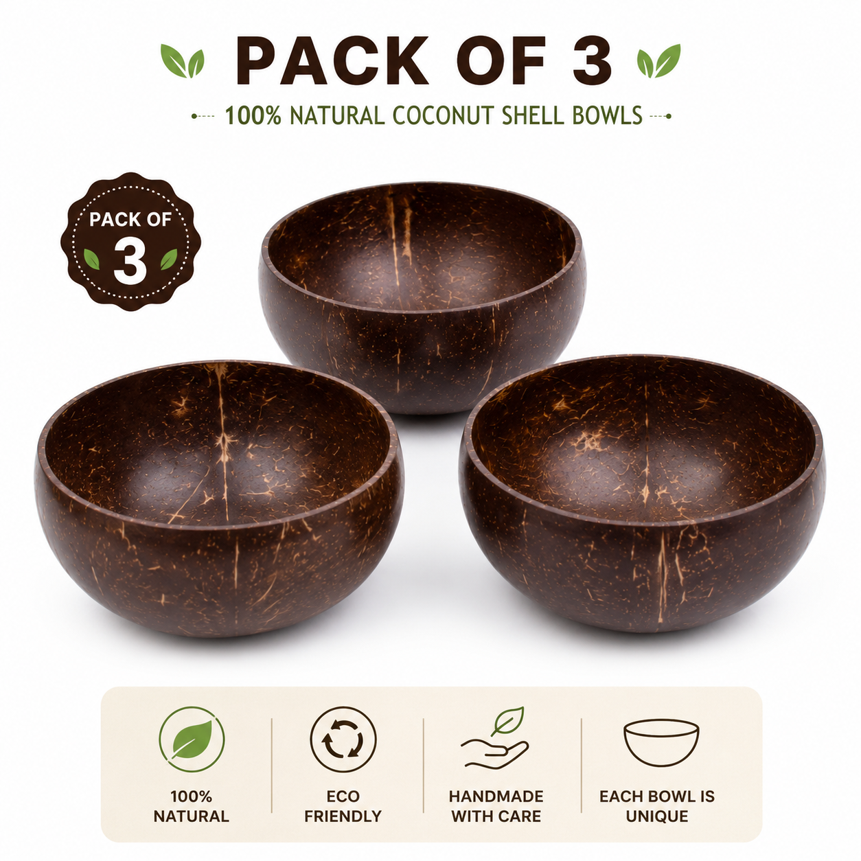 Polished Coconut Bowl – Pack of 3